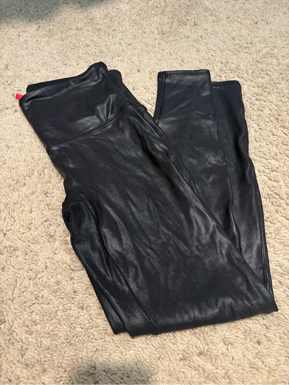 SPANX Black Shimmer Faux-Leather Leggings with Red Tag - Picture 2 of 2